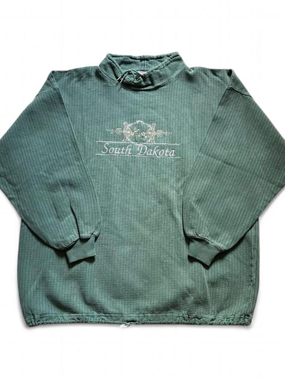 Vintage 1990s South Dakota Embroidered Green Waffle Knit Pullover Sweater XXL